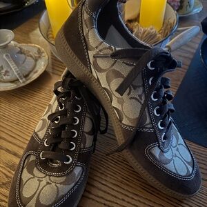 Brown and Cream Patterned COACH Sneakers